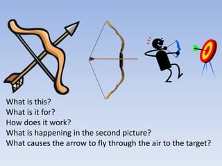 What is this? 
What is it for? 
How does it work? 
What is happening in the second picture? 
What causes the arrow to fly through the air to the target? 
 