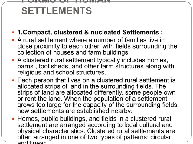 Settelments Types Forms of human settelments | PPTX | Developmental Sites | Real Estate