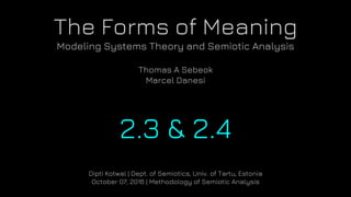 The Forms of Meaning
Modeling Systems Theory and Semiotic Analysis
Thomas A Sebeok
Marcel Danesi
2.3 & 2.4
Dipti Kotwal | Dept. of Semiotics, Univ. of Tartu, Estonia
October 07, 2016 | Methodology of Semiotic Analysis
 