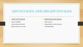 ADVANTAGES AND DISADVANTAGES
• ADVANTAGES

• DISADVANTAGES

•

Easy to establish

•

Start up costs

•

Owner takes all the profit

•

Responsible for all the functions

•

Makes decision on his own

•

Unlimited liability

 