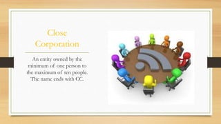 Close
Corporation
An entity owned by the
minimum of one person to
the maximum of ten people.
The name ends with CC.

 