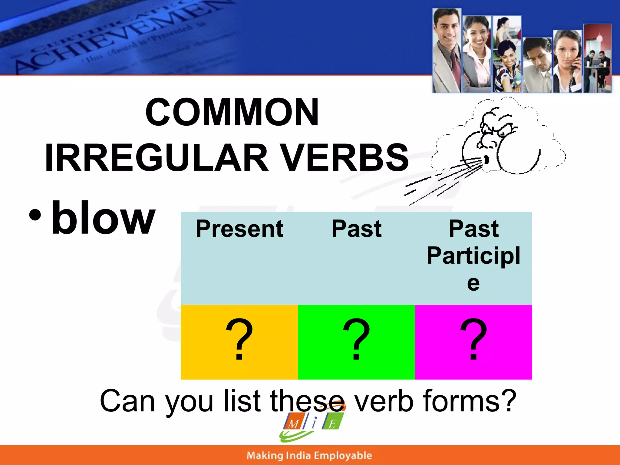 COMMON
IRREGULAR VERBS
•blow Present Past Past
Participl
e
? ? ?
Can you list these verb forms?
