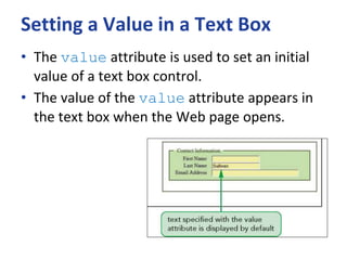 Setting a Value in a Text Box
• The value attribute is used to set an initial
value of a text box control.
• The value of the value attribute appears in
the text box when the Web page opens.
 