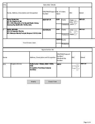 Page 4 of 4
S.No. Subscriber Details
Name, Address, Description and Occupation
DIN/PAN/Passport
Number
No. of shares
taken
DSC Dated
1 Name: Pankaj Jain
S/O: Sh. Shyam Lal Jain
R/O: J-435, Khasra No.-319, Kausak Khada Colony,
Swaroop Ng. Badli Delhi 110042, India
AGOPJ9717F 5,000 Equity
Preference
08/01/21
2 Name: Jyoti Rani
D/O: Sh. Rajender Sharma
R/O: Babarpur Mandi, Panipat, Haryana 132103, India
CFLPR7421E 5,000 Equity
Preference
08/01/21
Total Shares taken
10,000.00
Equity
Preference
Signed before Me
Name Address, Description and Occupation
DIN/PAN/Passport
Number/
Membership
Number
DSC Dated
ACS Deepika Mishra B-224, Sector-1 Rohini, Delhi 110085,
India
Occupation: Practising Company
Secretary
46839 08/01/21
Modify Check Form
PAN
KAJ
JAIN
Digitally
signed by
PANKAJ JAIN
Date:
2021.01.08
10:25:43
+05'30'
JYO
TI
RANI
Digitally
signed by
JYOTI RANI
Date:
2021.01.08
10:35:23
+05'30'
DEEPIK
A
MISHRA
Digitally
signed by
DEEPIKA
MISHRA
Date:
2021.01.08
16:27:13
+05'30'
 