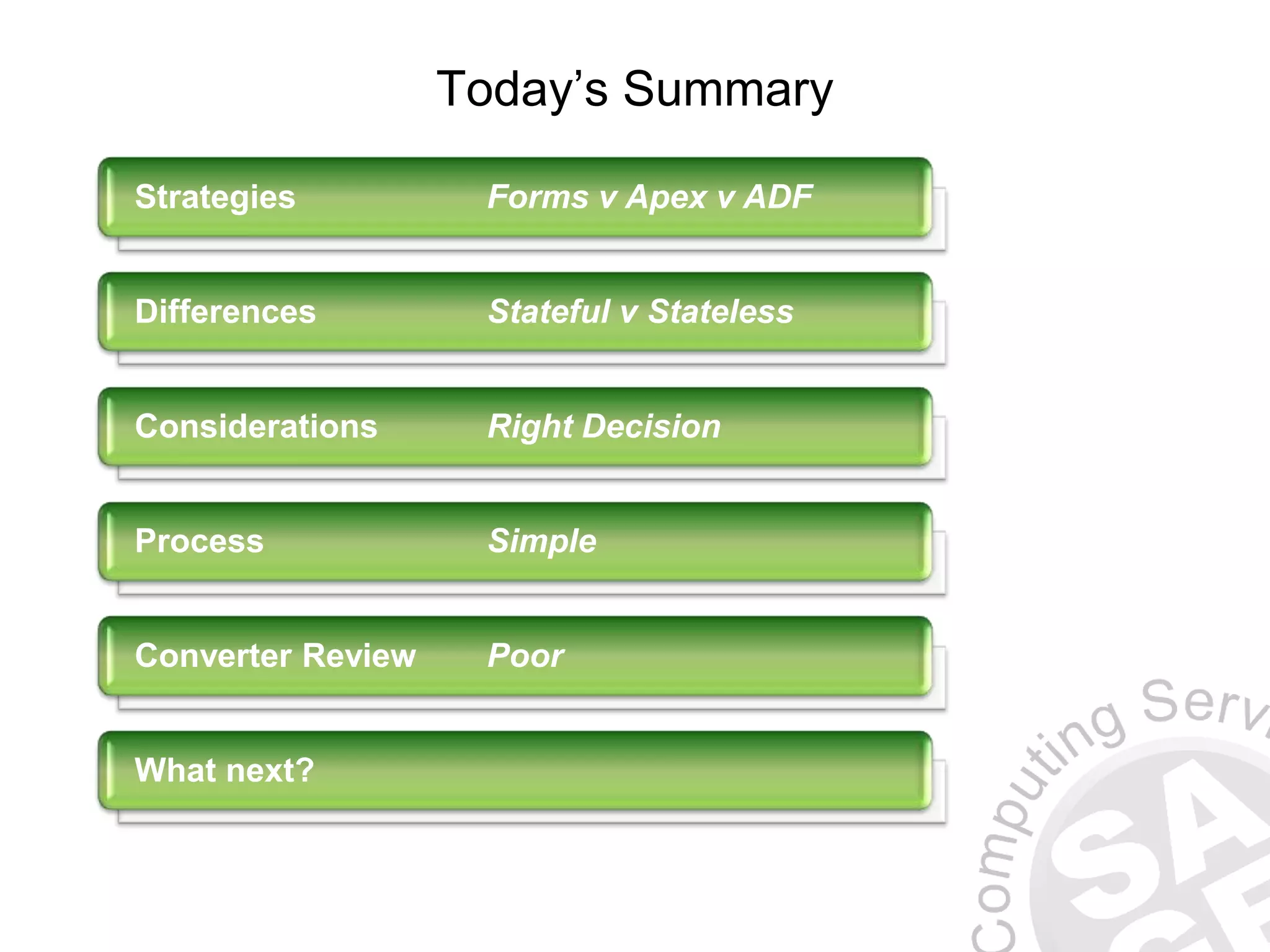 Strategies Forms v Apex v ADF Differences Stateful v Stateless Considerations Right Decision Process Simple Converter Review Poor What next? Today’s Summary 