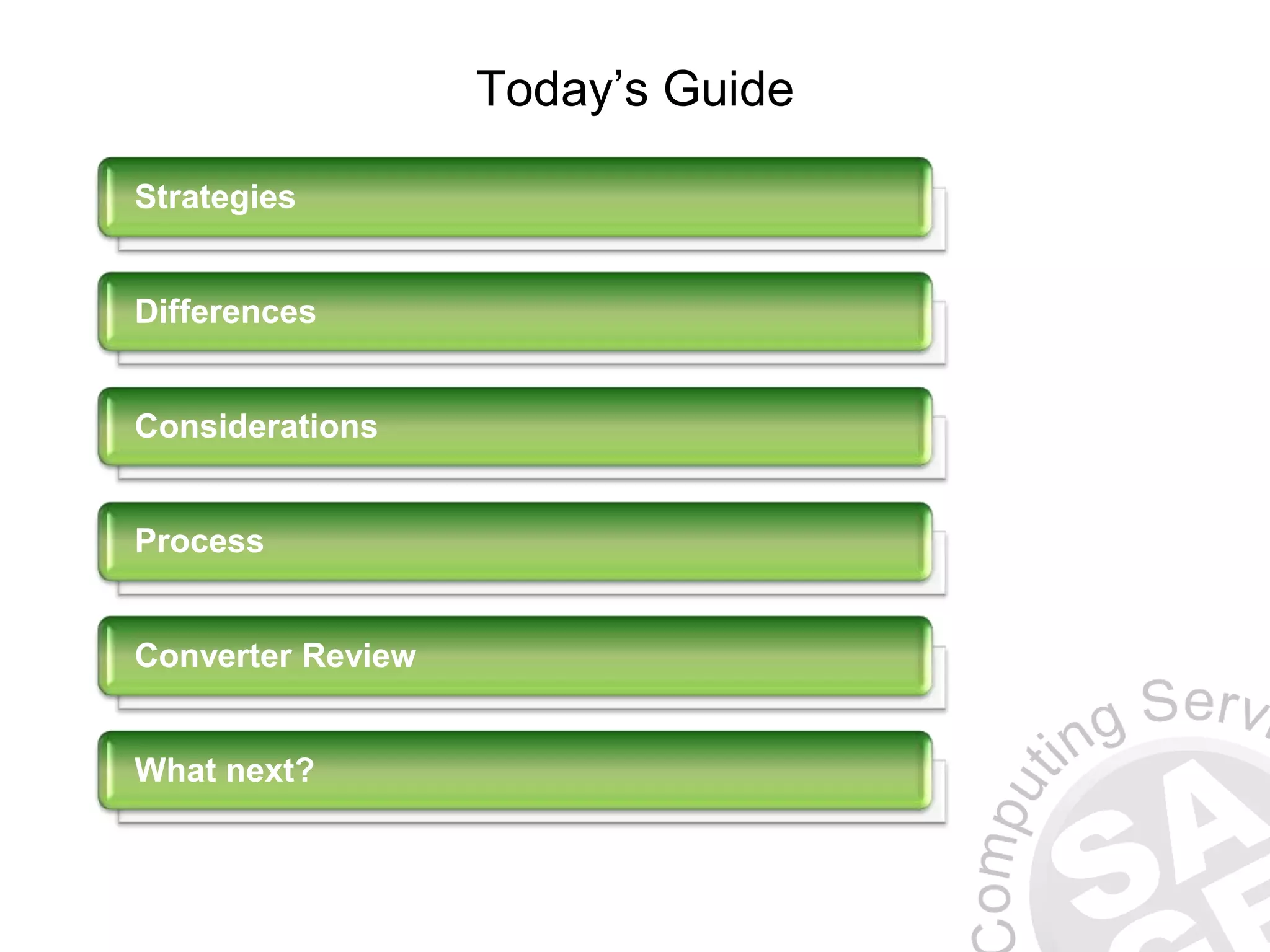 Today’s Guide Strategies Differences Considerations Process Converter Review What next? 
