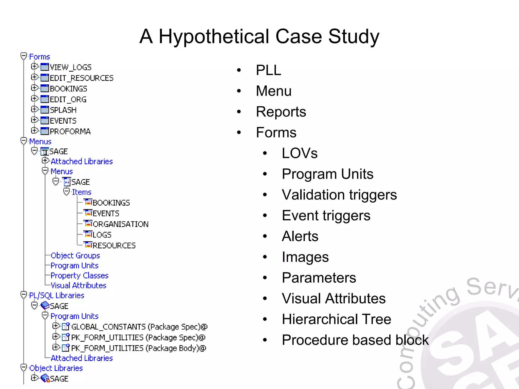 A Hypothetical Case Study • PLL • Menu • Reports • Forms • LOVs • Program Units • Validation triggers • Event triggers • Alerts • Images • Parameters • Visual Attributes • Hierarchical Tree • Procedure based block 