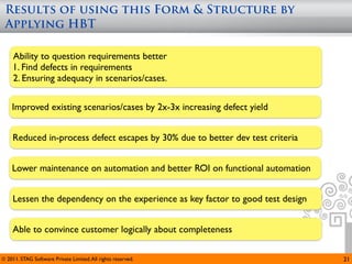 Results of using this Form & Structure by
 Applying HBT

     Ability to question requirements better
     1. Find defects in requirements
     2. Ensuring adequacy in scenarios/cases.


    Improved existing scenarios/cases by 2x-3x increasing defect yield


     Reduced in-process defect escapes by 30% due to better dev test criteria


    Lower maintenance on automation and better ROI on functional automation


     Lessen the dependency on the experience as key factor to good test design


     Able to convince customer logically about completeness

© 2011. STAG Software Private Limited. All rights reserved.                      21
 