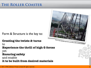 The Roller Coaster




   Form & Structure is the key to:

   Creating the twists & turns
                                                              From htt
                                                                      p://gadget
                                                                                   s.gunaxin
                                                                                             .com/ﬁfty
                                                                                                       -roller-co
                                                                                                                 asters/65403
   to
   Experience the thrill of high G forces
   yet
   Ensuring safety
   and enable
   it to be built from desired materials
© 2011. STAG Software Private Limited. All rights reserved.                                                                     3
 