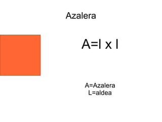 Azalera


   A=l x l

    A=Azalera
     L=aldea
 