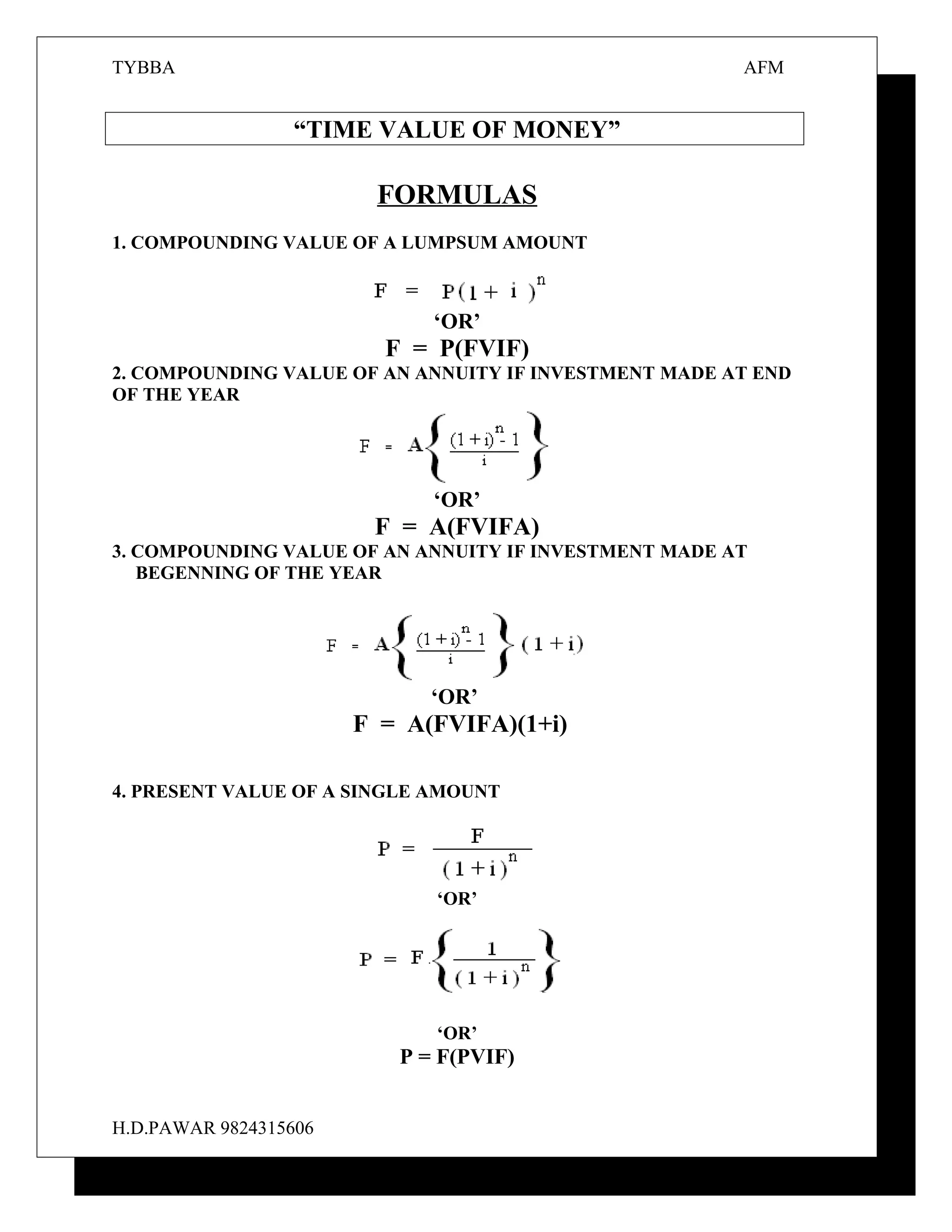 Formula TVM and Bond valuation PDF