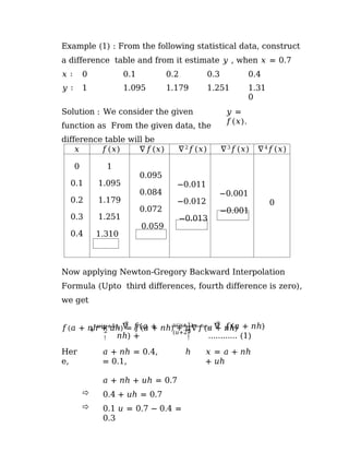Example (1) : From the following statistical data, construct
a difference table and from it estimate 𝑦 , when 𝑥 = 0.7
𝑥 ∶ 0 0.1 0.2 0.3 0.4
𝑦 ∶ 1 1.095 1.179 1.251 1.31
0
Solution : We consider the given
function as From the given data, the
difference table will be
𝑦 =
𝑓(𝑥).
𝑥 𝑓(𝑥) ∇𝑓(𝑥) ∇2
𝑓(𝑥) ∇3
𝑓(𝑥) ∇4
𝑓(𝑥)
0
0.1
0.2
0.3
0.4
1
1.095
1.179
1.251
1.310
0.095
0.084
0.072
0.059
−0.011
−0.012
−0.013
−0.001
−0.001
0
Now applying Newton-Gregory Backward Interpolation
Formula (Upto third differences, fourth difference is zero),
we get
𝑓(𝑎 + 𝑛ℎ + 𝑢ℎ) = 𝑓(𝑎 + 𝑛ℎ) + 𝑢∇𝑓(𝑎 + 𝑛ℎ)
+
𝑢(𝑢+1)
2
!
2
. ∇ 𝑓(𝑎 +
𝑛ℎ) +
𝑢(𝑢+1)
(𝑢+2)
3
!
3
. ∇ 𝑓(𝑎 + 𝑛ℎ)
………… (1)
Her
e,
𝑎 + 𝑛ℎ = 0.4, ℎ
= 0.1,
𝑎 + 𝑛ℎ + 𝑢ℎ = 0.7
 0.4 + 𝑢ℎ = 0.7
 0.1 𝑢 = 0.7 − 0.4 =
0.3
𝑥 = 𝑎 + 𝑛ℎ
+ 𝑢ℎ
 
