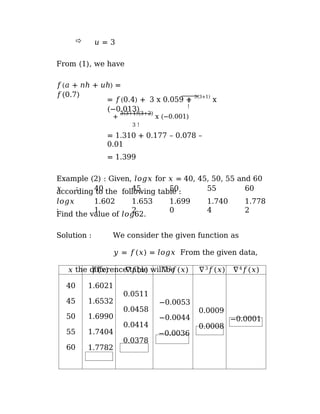  𝑢 = 3
From (1), we have
𝑓(𝑎 + 𝑛ℎ + 𝑢ℎ) =
𝑓(0.7)
2
!
= 𝑓(0.4) + 3 x 0.059 +
3(3+1)
x
(−0.013)
+
3(3+1)(3+2)
x (−0.001)
3 !
= 1.310 + 0.177 – 0.078 –
0.01
= 1.399
Example (2) : Given, 𝑙𝑜𝑔𝑥 for 𝑥 = 40, 45, 50, 55 and 60
according to the following table :
𝑥 ∶
𝑙𝑜𝑔𝑥
∶
40
1.602
1
45
1.653
2
50
1.699
0
55
1.740
4
60
1.778
2
Find the value of 𝑙𝑜𝑔62.
Solution : We consider the given function as
𝑦 = 𝑓(𝑥) = 𝑙𝑜𝑔𝑥 From the given data,
the difference table will be
𝑥 𝑓(𝑥) ∇𝑓(𝑥) ∇2
𝑓(𝑥) ∇3
𝑓(𝑥) ∇4
𝑓(𝑥)
40
45
50
55
60
1.6021
1.6532
1.6990
1.7404
1.7782
0.0511
0.0458
0.0414
0.0378
−0.0053
−0.0044
−0.0036
0.0009
0.0008
−0.0001
 