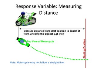 Response Variable: Measuring Distance Note: Motorcycle may not follow a straight line! Top View of Motorcycle Measure distance from start position to center of front-wheel to the closest 0.25 inch Starting Position 