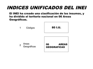 INDICES UNIFICADOS DEL INEI
El INEI ha creado una clasificación de los insumos, y
ha dividido el teritorio nacional en 06 Areas
Geográficas.
80 I.U.
06 AREAS
GEOGRAFICAS
Areas
Geográficas
Códigos1
2
 
