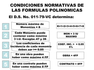 CONDICIONES NORMATIVAS DE
LAS FORMULAS POLINOMICAS
Número máximo de
Monomios = 8
Cada Monomio puede
contener como máximo
3 I.U. Excepto: 47 y 39
El D.S. No. 011-79-VC determina:
1
3
K=1+2+3+4+5+6+7+8
OBRA = 4FP4
2
5
En una obra pueden
haber como máximo 4 FP
Los coeficientes de
Incidencia de cada monomio
deben ser >= 0.05
En una contrato pueden
haber como máximo 8 FP
MON = 3 IU
MAXIMO
COEF. INC. > = 0.05
5%
CONTRATO = 8FP
 
