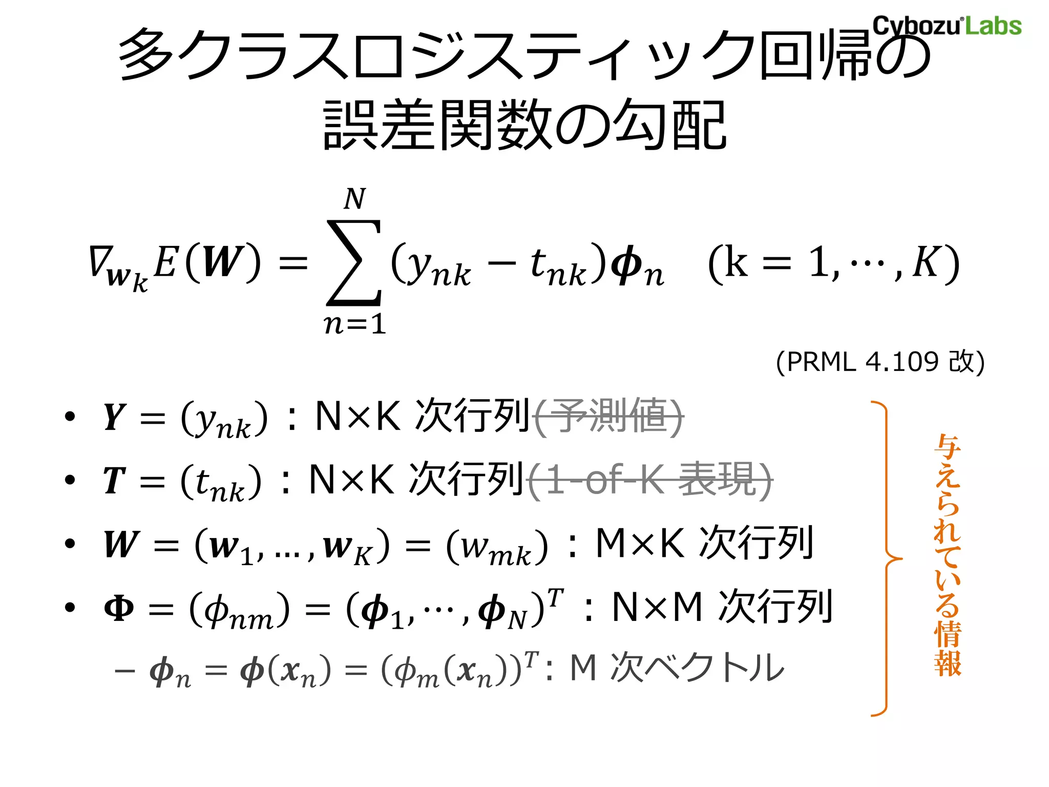 多クラスロジスティック回帰の 誤差関数の勾配 = − (k = 1, ⋯ , ) =1 (PRML 4.109 改) • = : N×K 次行列(予測値) 与 • = : N×K 次行列(1-of-K 表現) え ら • = 1 , … , = ( ) : M×K 次行列 れ て い • = = 1 , ⋯ , : N×M 次行列 る 情 – = = : M 次ベクトル 報 