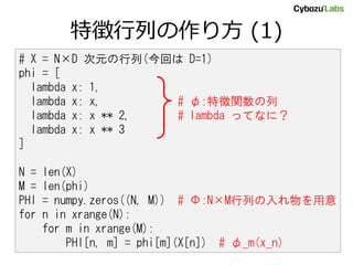 特徴行列の作り方 (1)
# X = N×D 次元の行列(今回は D=1)
phi = [
  lambda x: 1,
  lambda x: x,      # φ:特徴関数の列
  lambda x: x ** 2, # lambda っ...