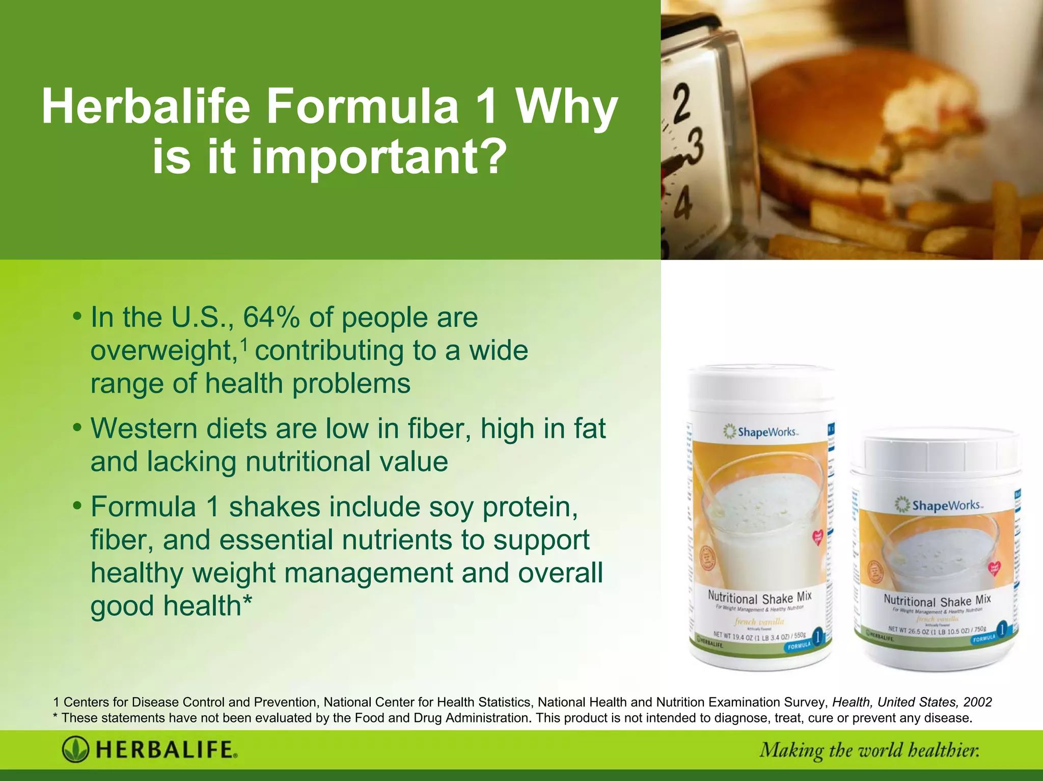 Herbalife Formula 1 Why
is it important?
• In the U.S., 64% of people are
overweight,1 contributing to a wide
range of health problems
• Western diets are low in fiber, high in fat
and lacking nutritional value
• Formula 1 shakes include soy protein,
fiber, and essential nutrients to support
healthy weight management and overall
good health*
1 Centers for Disease Control and Prevention, National Center for Health Statistics, National Health and Nutrition Examination Survey, Health, United States, 2002
* These statements have not been evaluated by the Food and Drug Administration. This product is not intended to diagnose, treat, cure or prevent any disease.
 