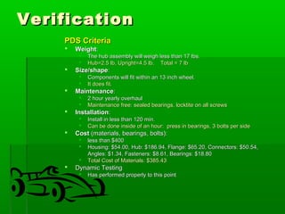 VVeerriiffiiccaattiioonn 
PPDDSS CCrriitteerriiaa 
 WWeeiigghhtt:: 
 TThhee hhuubb aasssseemmbbllyy wwiillll wweeiigghh lleessss tthhaann 1177 llbbss.. 
 HHuubb==22..55 llbb,, UUpprriigghhtt==44..55 llbb,, TToottaall == 77 llbb 
 SSiizzee//sshhaappee:: 
 CCoommppoonneennttss wwiillll ffiitt wwiitthhiinn aann 1133 iinncchh wwhheeeell.. 
 IItt ddooeess ffiitt.. 
 MMaaiinntteennaannccee:: 
 22 hhoouurr yyeeaarrllyy oovveerrhhaauull 
 MMaaiinntteennaannccee ffrreeee:: sseeaalleedd bbeeaarriinnggss,, lloocckkttiittee oonn aallll ssccrreewwss 
 IInnssttaallllaattiioonn:: 
 IInnssttaallll iinn lleessss tthhaann 112200 mmiinn.. 
 CCaann bbee ddoonnee iinnssiiddee ooff aann hhoouurr:: pprreessss iinn bbeeaarriinnggss,, 33 bboollttss ppeerr ssiiddee 
 CCoosstt ((mmaatteerriiaallss,, bbeeaarriinnggss,, bboollttss)):: 
 lleessss tthhaann $$440000 
 HHoouussiinngg:: $$5544..0000,, HHuubb:: $$118866..9944,, FFllaannggee:: $$6655..2200,, CCoonnnneeccttoorrss:: $$5500..5544,, 
AAnngglleess:: $$11..3344,, FFaasstteenneerrss:: $$88..6611,, BBeeaarriinnggss:: $$1188..8800 
 TToottaall CCoosstt ooff MMaatteerriiaallss:: $$338855..4433 
 DDyynnaammiicc TTeessttiinngg 
 HHaass ppeerrffoorrmmeedd pprrooppeerrllyy ttoo tthhiiss ppooiinntt 
 