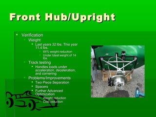 FFrroonntt HHuubb//UUpprriigghhtt 
 VVeerriiffiiccaattiioonn 
 WWeeiigghhtt 
 LLaasstt yyeeaarrss 3322 llbbss.. TThhiiss yyeeaarr 
1111..44 llbbss.. 
 6644%% wweeiigghhtt rreedduuccttiioonn 
 UUnnddeerr IIddeeaall wweeiigghhtt ooff 1144 
llbbss.. 
 TTrraacckk tteessttiinngg 
 HHaannddlleess llooaaddss uunnddeerr 
aacccceelleerraattiioonn,, ddeecceelleerraattiioonn,, 
aanndd ccoorrnneerriinngg 
 PPrroobblleemmss//IImmpprroovveemmeennttss 
 TTwwoo PPiieeccee SSeeppaarraattiioonn 
 SSppaacceerrss 
 FFuurrtthheerr AAddvvaanncceedd 
OOppttiimmiizzaattiioonn 
 WWeeiigghhtt rreedduuccttiioonn 
 CCoosstt rreedduuccttiioonn 
 