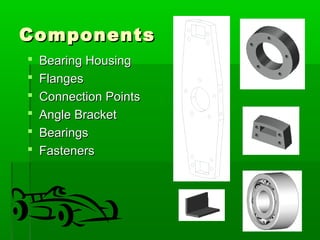 CCoommppoonneennttss 
 BBeeaarriinngg HHoouussiinngg 
 FFllaannggeess 
 CCoonnnneeccttiioonn PPooiinnttss 
 AAnnggllee BBrraacckkeett 
 BBeeaarriinnggss 
 FFaasstteenneerrss 
 