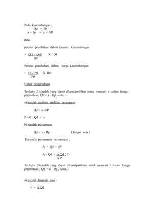 Pada keseimbangan , 
Qd = Qs 
a - bp = a + bP 
nota 
peratus perubahan dalam kuantiti keseimbangan 
= Q 1 - Q 0 X 100 
Q0 
Peratus perubahan dalam harga keseimbangan 
= P1 - P0 X 100 
P0 
Untuk pengetahuan 
Terdapat 2 kaedah yang dapat dikenalpastikan untuk mencari a dalam fungsi 
permintaan, Qd = a – Bp, iaitu, :- 
a) kaedah analisis melalui persamaan 
Qd = a - bP 
P = 0 , Qd = a. 
b) kaedah persamaan 
Qd = a – Bp ( fungsi asas ) 
Daripada persamaan permintaan , 
A = Qd + bP 
A = Qd + Δ Qd ( P) 
Δ P 
Terdapat 2 kaedah yang dapat dikenalpastikan untuk mencari b dalam fungsi 
permintaan , Qd = a – Bp , iaitu, :- 
a) kaedah formula asas 
b = Δ Qd 
 