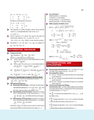 21
2 1 2 1 2 1
1 1 1
2 2 2
m n
m n
= 0
The plane containing the two lines is
1 1 1
1 1 1
2 2 2
x y z
m n
m n
= 0
The equation of a plane through a point whose position
vector is a and perpendicular to the vector N is
(r a).N 0
Vector equation of a plane that passes through the
intersection of planes 1 1
r.n d and 2 2
r.n d is
1 2 1 2
r.(n n ) d d , where is any nonzero constant.
Two planes 1 1
r a b and 2 2
r a b are coplanar if
2 1 1 2
(a a ) (b b ) 0
DIFFERENTIAL CALCULUS
Existence of Limit:
x a
lim
®
f(x)exists
x a
lim
-
®
f(x)=
x a
lim
+
®
f(x)=
Where is called the limit of the function
(i) If f(x) g(x) for every x in the deleted nbd of a, then
x a
lim f(x)
x a
lim g(x)
(ii) If f(x) g(x) h (x) for everyx in the deleted nbd of a
and
x a
lim f(x) = =
x a
lim h (x) then
x a
lim g(x) =
(iii)
x a
lim fog(x)=f
x a
lim g(x) =f(m)where
x a
lim g(x)=m
(iv) If
x a
lim f(x) = + or – , then
x a
lim
1
f (x)
= 0
CONTINUITYANDDIFFERENTIABILITYOFFUNCTIONS
A function f(x) is said to be continuous at a point x = a if
x a
lim
+
®
f(x)=
x a
lim
-
®
f(x)=f(a)
Discontinuous Functions :
(a) Removable Discontinuity: Afunction fis said tohave
removablediscontinuityatx=a if
x a
lim
-
®
f(x)=
x a
lim
+
®
f(x)
but their common value is not equal to f (a).
(b) Discontinuity of the first kind: A function f is said to
have a discontinuity of the first kind at x = a if
x a
lim
-
®
f(x) and
x a
lim f (x) both exist but are not equal.
(c) Discontinuity of second kind: A function f is said to
havea discontinuityofthesecondkind at x = a ifneither
x a
lim
-
®
f (x) nor
x a
lim
+
®
f(x) exists.
Similarly, if
a
x
lim f (x) does not exist, then f is said to have
discontinuityof the second kind from the right at x = a.
For a function f :
Differentiability Continuity;
Continuity derivability
Not derivibaility discontinuous ;
But discontinuity Non derivability
Differentiation of infinite series:
(i) If y f(x) f(x) f(x) ........
y = f(x) y y2 = f (x) + y
2y
dy
dx
= f' (x) +
dy
dx
dy
dx
=
f '(x)
2y 1
(ii)If y =
....
f (x)
f (x)
f(x) then y = f (x)y.
log y= ylog [f(x)]
1 dy y'.f '(x) dy
logf(x).
y dx f(x) dx
2
dy y f '(x)
dx f (x)[1 ylog f (x)]
(iii) If y =
1 1
f (x) f (x)
1
f(x) ....
f(x)
then
dy yf '(x)
dx 2y f (x)
DIFFERENTIATION AND
APPLICATION
Interpretationofthe Derivative : Ify=f(x)then, m=f (a)is
the slope of the tangent line to y = f (x) at x = a
Increasing/Decreasing :
(i) Iff (x) > 0for all x in an interval Ithen f(x) isincreasing
on the interval I.
(ii) Iff (x)< 0 for all x in an interval Ithen f(x) isdecreasing
on the interval I.
(iii) Iff (x) = 0 for all x in an interval I then f (x) is constant
on the interval I.
Test of Local Maxima and Minima –
First Derivative Test–Letfbeadifferentiablefunctiondefined
onanopen intervalIand c Ibeanypoint.fhasalocalmaxima
oralocalminimaatx=c,f (c)=0.
Put
dy
0
dx
and solve this equation for x. Let c1, c2........cn be
the roots of this.
If dy
dx
changes sign from +ve to –ve as x increases through
c1 then the function attains a local max at x = c1
If
dy
dx
changes its sign from –ve to+veas x increases through
c1 thenthefunctionattainsa localminimumatx=c1
 