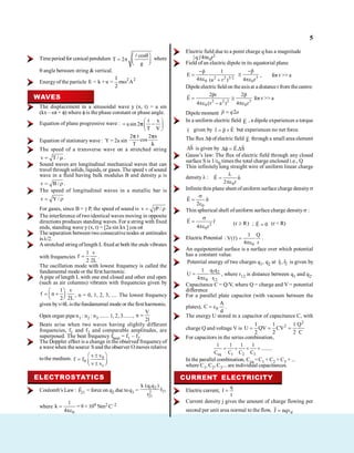 5
Timeperiod for conical pendulum
cos
T 2
g
where
angle between string & vertical.
Energyof the particle 2 2
1
E = k + u = m A
2
WAVES
The displacement in a sinusoidal wave y (x, t) = a sin
(kx – t + ) where is the phase constant or phase angle.
Equation of plane progressive wave :
t x
a sin 2
T V
Equation of stationarywave : Y = 2a sin
2 t 2 x
cos
T
The speed of a transverse wave on a stretched string
v T / .
Sound waves are longitudinal mechanical waves that can
travel through solids, liquids, or gases. The speed v of sound
wave in a fluid having bulk modulus B and density µ is
v B / .
The speed of longitudinal waves in a metallic bar is
v Y /
For gases, since B = P, the speed of sound is v P /
The interference of twoidentical waves moving in opposite
directions produces standing waves. For a string with fixed
ends, standing wave y (x, t) = [2a sin kx ] cos t
The separation between twoconsecutivenodes or antinodes
is /2.
A stretched string oflength L fixed at both the ends vibrates
with frequencies
1 v
f
2 2L
.
The oscillation mode with lowest frequency is called the
fundamental mode or the first harmonic.
A pipe of length L with one end closed and other end open
(such as air columns) vibrates with frequencies given by
1 v
f n
2 2L
, n = 0, 1, 2, 3, .... The lowest frequency
given byv/4L isthefundamental modeor the first harmonic.
Open organ pipe n1 : n2 : n3 ....... 1, 2, 3.......,
V
n
2l
Beats arise when two waves having slightly different
frequencies, f1 and f2 and comparable amplitudes, are
superposed. The beat frequency fbeat = f1 – f2
The Doppler effect is a change in the observed frequencyof
a wave when the source S and the observer O moves relative
tothe medium. 0
0
s
v v
f f
v v
ELECTROSTATICS
Coulomb’s Law : 21
F = force on q2 due toq1 =
1 2
21
2
21
k (q q )
r̂
r
where
0
1
k
4
= 9 × 109 Nm2 C–2
Electric field due to a point charge q has a magnitude
| q |/4 0r2
Field of an electric dipole in its equatorial plane
2 2 3/2
0
p 1
E
4 (a r )
3
0
p
4 r
, for r >> a
Dipoleelectricfield on theaxisat a distance r from thecentre:
2 2 2 3
0 0
2pr 2p
E
4 (r a ) 4 r
for r >> a
Dipole moment 2
p q a
In a uniform electric field E , a dipole experiences a torque
given by p E but experiences no net force.
The flux of electric field E through a small area element
S is given by E. S
Gauss’s law: The flux of electric field through any closed
surface S is 1/ 0 times the total charge enclosed i.e., Q
Thin infinitely long straight wire of uniform linear charge
density
0
ˆ
E n
2 r
Infinite thin plane sheet ofuniform surface charge density
0
ˆ
E n
2
Thin spherical shell ofuniform surface charge density
2
0
ˆ
E r
4 r
(r R) E 0 (r < R)
Electric Potential :
0
1 Q
V(r)
4 r
.
An equipotential surface is a surface over which potential
has a constant value.
Potential energy of two charges q1, q2 at 1 2
r , r is given by
1 2
0 12
q q
1
U
4 r
, where r12 is distance between q1 and q2.
Capacitance C = Q/V, where Q = charge and V = potential
difference
For a parallel plate capacitor (with vacuum between the
plates), 0
A
C
d
.
The energy U stored in a capacitor of capacitance C, with
charge Q and voltage V is
2
2
1 1 1 Q
U QV CV
2 2 2 C
For capacitors in the series combination,
eq 1 2 3
1 1 1 1
.........
C C C C
In the parallel combination, Ceq =C1 + C2 + C3 + ...
where C1, C2, C3... are individual capacitances.
CURRENT ELECTRICITY
Electriccurrent,
q
I
t
Current density j gives the amount of charge flowing per
second per unit area normal to the flow, d
J nqv
 