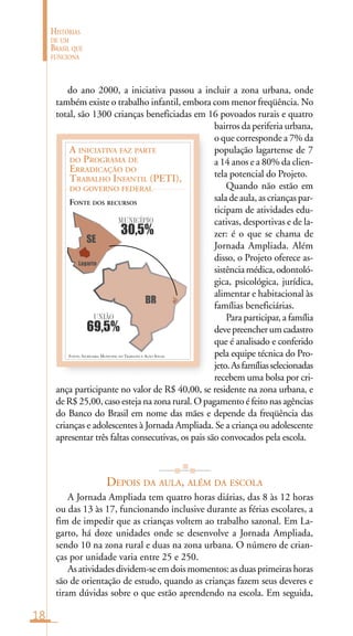 18
HISTÓRIAS
DE UM
BRASIL QUE
FUNCIONA
FONTE: SECRETARIA MUNICIPAL DO TRABALHO E AÇÃO SOCIAL
A INICIATIVA FAZ PARTE
DO PROGRAMA DE
ERRADICAÇÃO DO
TRABALHO INFANTIL (PETI),
DO GOVERNO FEDERAL
FONTE DOS RECURSOS
MUNICÍPIO
30,5%
UNIÃO
69,5%
SE
Lagarto
BR
do ano 2000, a iniciativa passou a incluir a zona urbana, onde
também existe o trabalho infantil, embora com menor freqüência. No
total, são 1300 crianças beneficiadas em 16 povoados rurais e quatro
bairros da periferia urbana,
o que corresponde a 7% da
população lagartense de 7
a 14 anos e a 80% da clien-
tela potencial do Projeto.
Quando não estão em
sala de aula, as crianças par-
ticipam de atividades edu-
cativas, desportivas e de la-
zer: é o que se chama de
Jornada Ampliada. Além
disso, o Projeto oferece as-
sistênciamédica,odontoló-
gica, psicológica, jurídica,
alimentar e habitacional às
famílias beneficiárias.
Para participar, a família
devepreencherumcadastro
que é analisado e conferido
pela equipe técnica do Pro-
jeto.Asfamíliasselecionadas
recebem uma bolsa por cri-
ança participante no valor de R$ 40,00, se residente na zona urbana, e
de R$ 25,00, caso esteja na zona rural. O pagamento é feito nas agências
do Banco do Brasil em nome das mães e depende da freqüência das
crianças e adolescentes à Jornada Ampliada. Se a criança ou adolescente
apresentar três faltas consecutivas, os pais são convocados pela escola.
DEPOIS DA AULA, ALÉM DA ESCOLA
A Jornada Ampliada tem quatro horas diárias, das 8 às 12 horas
ou das 13 às 17, funcionando inclusive durante as férias escolares, a
fim de impedir que as crianças voltem ao trabalho sazonal. Em La-
garto, há doze unidades onde se desenvolve a Jornada Ampliada,
sendo 10 na zona rural e duas na zona urbana. O número de crian-
ças por unidade varia entre 25 e 250.
Asatividadesdividem-seemdoismomentos:as duas primeiras horas
são de orientação de estudo, quando as crianças fazem seus deveres e
tiram dúvidas sobre o que estão aprendendo na escola. Em seguida,
 
