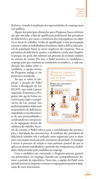 31
PROGRAMA
GESTÃO
PÚBLICA E
CIDADANIA
FONTE: PADEF (JANEIRO DE 1995 A MAIO DE 2001)
DESDE SUA CRIAÇÃO, O
PROGRAMA CADASTROU
MAIS DE 9 MIL
CANDIDATOS A EMPREGO
PERFIL DOS CANDIDATOS
CADASTRADOS
12,6%
Visual
29,6%
Auditiva
52,8%
Deficiência física
4,2%
Mental
Deficiências
múltiplas 0,8%
ficiência, visando à ampliação das oportunidades de emprego para
esse público.
Alguns dos principais obstáculos que o Programa busca enfrentar
são, por um lado, a falta de qualificação profissional dos portadores
de deficiência e, por outro, a resistência dos empregadores em adap-
tar os locais de trabalho. A falta de qualificação é uma preocupação
comum a todos os trabalhadores brasileiros, dado o déficit educacio-
nal da população frente às atuais exigências das empresas. Para os
portadores de deficiência, porém, o problema é ainda mais freqüen-
te porque, em geral, eles sofreram um processo de exclusão também
no sistema de ensino. Por isso, o Padef incentiva os candidatos a
emprego para que retomem ou continuem os estudos e, a cada atu-
alização dos dados sobre o
candidato, a equipe técnica
do Programa indaga se ele
permanece estudando.
No que se refere às em-
presas, a atuação do Padef
inclui a divulgação da Lei
8213/91, que ainda é pouco
respeitada. Entretanto, o Pro-
grama não age de forma co-
ercitiva para exigir o cumpri-
mento da Lei, porque isso
poderia prejudicar ainda mais
os portadores de deficiência,
impedindo o reconhecimen-
to de suas potencialidades e
condenando-os a um proces-
so de segregação dentro do
ambiente de trabalho. Ao in-
vés da coerção, o Padef volta-se para a sensibilização das pessoas e
para a derrubada dos preconceitos. A condição dos portadores de
deficiência também não é utilizada como argumento para se obter
uma contratação motivada pelo sentimento de piedade. A estratégia
é tornar o processo de seleção o mais próximo possível do que se
aplica aos demais trabalhadores, partindo das competências e habili-
dades demonstradas pelo candidato ao emprego.
Caso o candidato seja contratado, o Programa procura garantir
sua permanência no emprego, fazendo um acompanhamento du-
rante o período de experiência. Nessa fase, a equipe do Padef visita
periodicamente as empresas e orienta os empregadores quanto à adap-
tação do novo funcionário.
 