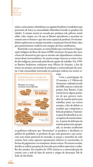 42
HISTÓRIAS
DE UM
BRASIL QUE
FUNCIONA
FONTE:
ORGANIZAÇÃO INDÍGENA
DA BACIA DO IÇANA
A DEMANDA PELA CESTARIA DE
ARUMÃ CONTINUA AUMENTANDO
NÚMERO DE DÚZIAS
VENDIDAS PELOS BANIWA
1999 (3 MESES)
92dúzias
2000
1.000dúzias
552dúzias
2001 (PREVISÃO)
nários, comerciantes colombianos ou regatões brasileiros (vendedores que
percorrem de barco as comunidades ribeirinhas levando os produtos da
cidade). A cestaria arumã era trocada por produtos (sal, pólvora, anzol,
sabão, velas, roupas, etc.) de que os Baniwa aprenderam a necessitar no
contato com os brancos e que não eram capazes de produzir. Os interme-
diários exploravam os artesãos trocando a cestaria por bens de baixo valor,
para posteriormente vendê-la com margens de lucro exorbitantes.
Resistindoaessasituação,ascomunidades queconstituemaOrgani-
zação Indígena da Bacia do Içana (OIBI) iniciaram, há quase dez anos,
a busca de alternativas para que os artesãos não dependessem exclusiva-
mente desses intermediários. Ao mesmo tempo, buscava-se evitar o êxo-
do dos indígenas, provocado pela falta de opções de trabalho. Em 1999,
os Baniwa finalmente realizaram uma Oficina de Artesãos, a fim de
iniciar um projeto estruturado de produção e comercialização da cesta-
ria. Cada comunidade interessada em participar indicou seu mestre ar-
tesão.
Com a participação de
19 artesãos, a 1a
Oficina de
Artesanato,realizadanasede
daOIBI,marcouoiníciodo
projeto Arte Baniwa. Cada
artesão levou alguns produ-
tos de que gostava mais,
além da matéria-prima para
trabalhar junto aos outros
artesãos, a fim de definir os
modelos que comporiam a
linhadeprodutos.Oprimei-
ropassofoiidentificarascin-
coespéciesdearumãexisten-
tes. A partir da definição da
matéria-primamaisapropri-
ada, os artesãos escolheram
os grafismos milenares que “decorariam” os produtos, e decidiram os
padrões de qualidade, os produtos de que mais gostavam e que acena-
vam com maior potencial de mercado, os preços e tamanhos de cada
cestaria, bem como aspectos operacionais relativos às encomendas, às
formasde pagamentoeaotransporte,dentreoutros.Namesmaocasião,
decidiu-se realizar pesquisas de mercado para melhor aproveitar o traba-
lho dos artesãos. Em outubro de 1999, iniciou-se a comercialização da
cestaria com a rede de lojas de móveis e artigos de decoração Tok &
Stok, de São Paulo.
 