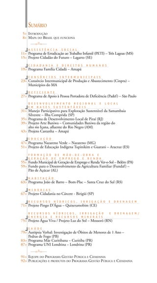 5> INTRODUÇÃO
8> MAPA DO BRASIL QUE FUNCIONA
A S S I S T Ê N C I A S O C I A L
11> Programa de Erradicação ao Trabalho Infantil (PETI) – Três Lagoas (MS)
15> Projeto Cidadão do Futuro – Lagarto (SE)
C I D A D A N I A E D I R E I T O S H U M A N O S
19> Programa Família Cidadã – Amapá
C O N S Ó R C I O S I N T E R M U N I C I P A I S
23> Consórcio Intermunicipal de Produção e Abastecimento (Cinpra) –
Municípios do MA
D E F I C I E N T E
27> Programa de Apoio à Pessoa Portadora de Deficiência (Padef) – São Paulo
D E S E N V O L V I M E N T O R E G I O N A L E L O C A L
E M B A S E S S U S T E N T Á V E I S
31> Manejo Participativo para Exploração Sustentável da Samambaia
Silvestre – Ilha Comprida (SP)
35> Programa de Desenvolvimento Local de Piraí (RJ)
39> Projeto Arte Baniwa – Comunidades Baniwa da região do
alto rio Içana, afluente do Rio Negro (AM)
43> Projeto Castanha – Amapá
E D U C A Ç Ã O
47> Programa Nazareno Verde – Nazareno (MG)
51> Projeto de Educação Indígena Tupinikim e Guarani – Aracruz (ES)
F O R M A Ç Ã O D E M Ã O - D E - O B R A E
G E R A Ç Ã O D E E M P R E G O E R E N D A
55> Fundo Municipal de Geração de Emprego e Renda Ver-o-Sol – Belém (PA)
59> Fundo para o Desenvolvimento da Agricultura Familiar (Fundaf) –
Pão de Açúcar (AL)
H A B I T A Ç Ã O
63> Programa João de Barro – Bom-Plac – Santa Cruz do Sul (RS)
M I N O R I A S
67> Projeto Cidadania no Cárcere - Birigüi (SP)
R E C U R S O S H Í D R I C O S , I R R I G A Ç Ã O E D R E N A G E M
71> Projeto Pingo D’Água – Quixeramobim (CE)
R E C U R S O S H Í D R I C O S , I R R I G A Ç Ã O E D R E N A G E M /
E N E R G I A E R E C U R S O S M I N E R A I S
75> Projeto Água Viva / Projeto Luz do Sol – Mossoró (RN)
S A Ú D E
79> Autópsia Verbal: Investigação de Óbitos de Menores de 1 Ano –
Pedras de Fogo (PB)
83> Programa Mãe Curitibana – Curitiba (PR)
87> Programa UNI Londrina – Londrina (PR)
91> EQUIPE DO PROGRAMA GESTÃO PÚBLICA E CIDADANIA
92> PUBLICAÇÕES E PRODUTOS DO PROGRAMA GESTÃO PÚBLICA E CIDADANIA
SUMÁRIO
 