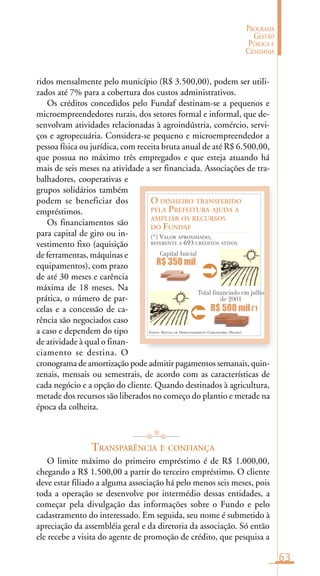 63
PROGRAMA
GESTÃO
PÚBLICA E
CIDADANIA
FONTE: NÚCLEO DE DESENVOLVIMENTO COMUNITÁRIO (NUDEC)
O DINHEIRO TRANSFERIDO
PELA PREFEITURA AJUDA A
AMPLIAR OS RECURSOS
DO FUNDAF
R$ 500 mil(*)
Capital Inicial
R$ 350 mil
(*) VALOR APROXIMADO,
REFERENTE A 693 CRÉDITOS ATIVOS
Total financiado em julho
de 2001
ridos mensalmente pelo município (R$ 3.500,00), podem ser utili-
zados até 7% para a cobertura dos custos administrativos.
Os créditos concedidos pelo Fundaf destinam-se a pequenos e
microempreendedores rurais, dos setores formal e informal, que de-
senvolvam atividades relacionadas à agroindústria, comércio, servi-
ços e agropecuária. Considera-se pequeno e microempreendedor a
pessoa física ou jurídica, com receita bruta anual de até R$ 6.500,00,
que possua no máximo três empregados e que esteja atuando há
mais de seis meses na atividade a ser financiada. Associações de tra-
balhadores, cooperativas e
grupos solidários também
podem se beneficiar dos
empréstimos.
Os financiamentos são
para capital de giro ou in-
vestimento fixo (aquisição
de ferramentas, máquinas e
equipamentos), com prazo
de até 30 meses e carência
máxima de 18 meses. Na
prática, o número de par-
celas e a concessão de ca-
rência são negociados caso
a caso e dependem do tipo
de atividade à qual o finan-
ciamento se destina. O
cronograma de amortização pode admitir pagamentos semanais, quin-
zenais, mensais ou semestrais, de acordo com as características de
cada negócio e a opção do cliente. Quando destinados à agricultura,
metade dos recursos são liberados no começo do plantio e metade na
época da colheita.
TRANSPARÊNCIA E CONFIANÇA
O limite máximo do primeiro empréstimo é de R$ 1.000,00,
chegando a R$ 1.500,00 a partir do terceiro empréstimo. O cliente
deve estar filiado a alguma associação há pelo menos seis meses, pois
toda a operação se desenvolve por intermédio dessas entidades, a
começar pela divulgação das informações sobre o Fundo e pelo
cadastramento do interessado. Em seguida, seu nome é submetido à
apreciação da assembléia geral e da diretoria da associação. Só então
ele recebe a visita do agente de promoção de crédito, que pesquisa a
 