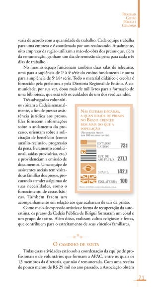71
PROGRAMA
GESTÃO
PÚBLICA E
CIDADANIA
varia de acordo com a quantidade de trabalho. Cada equipe trabalha
para uma empresa e é coordenada por um reeducando. Atualmente,
oito empresas da região utilizam a mão-de-obra dos presos que, além
da remuneração, ganham um dia de remissão da pena para cada três
dias de trabalho.
No mesmo espaço funcionam também duas salas de telecurso,
uma para a suplência de 1a
à4a
série do ensino fundamental e outra
para a suplência de 5a
à8ª série. Todo o material didático e escolar é
fornecido pela prefeitura e pela Diretoria Regional de Ensino. A co-
munidade, por sua vez, doou mais de mil livros para a formação de
uma biblioteca, que está sob os cuidados de um dos reeducandos.
Três advogados voluntári-
os visitam a Cadeia semanal-
mente, a fim de prestar assis-
tência jurídica aos presos.
Eles fornecem informações
sobre o andamento do pro-
cesso, orientam sobre a soli-
citação de benefícios (como
auxílio-reclusão, progressão
da pena, livramento condici-
onal, saídas provisórias, etc.)
e providenciam a emissão de
documentos. Uma equipe de
assistentes sociais tem visita-
do as famílias dos presos, pro-
curando atender a algumas de
suas necessidades, como o
fornecimento de cestas bási-
cas. Também fazem um
acompanhamento em relação aos que acabaram de sair da prisão.
Como meio de expressão artística e forma de recuperação da auto-
estima, os presos da Cadeia Pública de Birigüi formaram um coral e
um grupo de teatro. Além disso, realizam cultos religiosos e festas,
que contribuem para o estreitamento de seus vínculos familiares.
O CAMINHO DE VOLTA
Todas essas atividades estão sob a coordenação da equipe de pro-
fissionais e de voluntários que formam a APAC, entre os quais os
13 membros da diretoria, que não é remunerada. Com uma receita
de pouco menos de R$ 29 mil no ano passado, a Associação obtém
FONTE: HTTP://WWW.CONJUNTURACRIMINAL.COM.BR
NAS ÚLTIMAS DÉCADAS,
A QUANTIDADE DE PRESOS
NO BRASIL CRESCEU
BEM MAIS DO QUE A
POPULAÇÃO
INGLATERRA
ESTADOS
UNIDOS 731
EST. DE
SÃO PAULO 277,7
BRASIL 142,1
100
(NÚMERO DE PRESOS
POR 100 MIL HABITANTES)
 