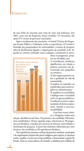 8
INTRODUÇÃO
NÚMERO DE INSCRIÇÕES
RECEBIDAS PELO
PROGRAMA
GESTÃO
PÚBLICA
E CIDADANIA
727
1996
1997
1998
1999
2000
2001
297
631
888
946
629
de uma ficha de inscrição para mais de vinte mil endereços. Em
2001, sexto ano do Programa, foram recebidas 727 inscrições, das
quais 672 vieram de governos municipais.
Após o recebimento das inscrições, o Comitê Técnico do Progra-
ma Gestão Pública e Cidadania avalia as experiências. O Comitê é
formado por pesquisadores de universidades e centros de pesquisa,
além de profissionais ligados a organizações da sociedade civil. Se-
gundo os critérios utilizados nessa avaliação, consideram-se inova-
dores os programas, proje-
tos ou atividades que:
1) introduzem mudanças
significativas em relação a
práticas anteriores em de-
terminada área geográfica
ou temática;
2) têm impacto positivo so-
bre a qualidade de vida da
comunidade;
3) podem ser repetidos ou
transferidos para outras re-
giões ou administrações;
4) ampliam ou consolidam
o diálogo entre a sociedade
civil e os agentes públicos e
5) utilizam recursos e opor-
tunidades de forma respon-
sável, visando à auto-sus-
tentabilidade.
Com base nesses critéri-
os, o Programa realiza uma
seleção, dividida em três fases. Na primeira, são escolhidas 100 inicia-
tivas semifinalistas. Numa segunda etapa, selecionam-se 30 progra-
mas pré-finalistas, visitados por técnicos de diversas universidades e
instituições de pesquisa. A partir dos relatórios elaborados por esses
técnicos, são escolhidas as 20 experiências finalistas.
Tais experiências retratam o esforço de governos estaduais, municipais
e de organizações próprias dos povos indígenas para superar as injustiças
sociais, ampliar o acesso aos serviços públicos e democratizar a gestão do
Estado. Trata-se, numa palavra, de estender a cidadania para milhões de
 