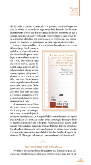 83
PROGRAMA
GESTÃO
PÚBLICA E
CIDADANIA
EM TRÊS ANOS, PEDRAS
DE FOGO CONSEGUIU
UMA REDUÇÃO DE
MAIS DE 80% DA
MORTALIDADE INFANTIL
COEFICIENTE DE
MORTALIDADE
INFANTIL POR 1000
NASCIDOS VIVOS
127,8
1998
30,6
1999 2000
22,6
Ano
rio de saúde, a parteira e a rezadeira – o processo prevê ainda que, no
caso de o óbito ter ocorrido em alguma unidade de saúde, seja feito um
levantamentosobreoatendimentoprestadodesdeomomentoemquea
criança entrou na unidade, verificando-se os prontuários, identificando-
se as medidas adotadas e conversando com os profissionais que partici-
param (ou deveriam ter participado) de cada etapa do atendimento.
Comoeraimpossívelfazertalinvestigaçãosobretodasasmortesocor-
ridas ao longo dos dez anos es-
tudados, as duas enfermeiras
decidiramfazê-laapenasemre-
lação a cinco óbitos ocorridos
em 1999. Descobriram que,
das cinco mortes, quatro ti-
nham causas evitáveis, em ge-
ral associadas à falta de atendi-
mento rápido e adequado. A
descoberta foi o ponto de par-
tida para uma discussão com
todos os profissionais de saúde
envolvidos nesses casos. O ob-
jetivo não era apontar culpa-
dos, mas fazer com que cada
profissional percebesse a pró-
priaresponsabilidadenagaran-
tia do direito à vida.
Atualmente,todososóbitos
decriançasmenoresdeumano
são investigados, mesmo que,
aospoucos,quasenãohajamais
mortes de causa ignorada. A Autópsia Verbal é mantida como um espaço
para a avaliação do sistema de saúde e para a capacitação da equipe, desde
os agentes comunitários até os hospitais-referência de João Pessoa, onde
nascem e são atendidas muitas das crianças de Pedras de Fogo. O método
foi adotado, inclusive, pela Secretaria Estadual de Saúde, como um dos
instrumentosparareduziramortalidadeinfantilnaParaíba,deaproxima-
damente 60 óbitos por mil nascidos vivos, o dobro da média nacional.
INSTRUMENTO PARA MUDANÇAS
No início, as equipes de saúde reagiram mal às reuniões para dis-
cussão das mortes de causa ignorada, temendo uma “caça aos culpa-
 
