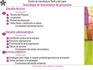 Estudio técnicoIntroducción        Tamaño Del Proyecto        Localización        Proceso de producción        Obras fisicas y distribución en planta	Conclusiones del estudio técnicoEstudio administrativoIntroducción      Constitución jurídica de la empresa      Estructura organizacional      Funcionamiento de la organizaciónCàlculo de recursos	Conclusiones del estudio administrativoESTUDIO AMBIENTALIntroducción      Estrategias para mitigar el impacto ambiental generado por el proyecto      Costos asociados a la estrategias	Conclusiones del estudio ambiental