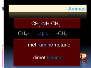Aminas

       CH3-NH-CH3
CH3-     -NH-   -CH3

   metil amino metano

       dimetilamina
 