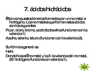 7. ácidos hidrácidos    Son compuestos binarios formados por un no metal e hidrógeno. Los no metales que forman estos ácidos son los siguientes: Fluor, cloro, bromo, yodo (todos ellos funcionan con la valencia 1) Azufre, selenio, teluro (funcionan con la valencia 2). Su fórmula general es: HxN Donde N es el  no metal y la X la valencia del no metal. (El hidrógeno funciona con valencia 1). menu 