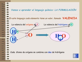 Vamos a aprender el lenguaje químico: LA FORMULACIÓN   En este lenguaje cada elemento tiene un valor, llamado H   H   O   H 2 O VALENCIA La valencia del  oxígeno  es  2 La valencia del  hidrógeno  es  1 Cada  átomo de oxígeno se combina con  dos  de hidrógeno 