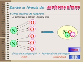 Escribe la fórmula del   :   anhídrido nítrico Si quieres ver la solución  presiona intro N   N   O   N 2 O O O 5 Y otras maneras de nombrarlo Óxido de nitrógeno (V)  y  Pentaóxido de dinitrógeno stock sistemática O   O   Fichas 