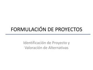 FORMULACIÓN DE PROYECTOS

    Identificación de Proyecto y
     Valoración de Alternativas
 