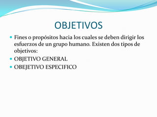 OBJETIVOSFines o propósitos hacia los cuales se deben dirigir los esfuerzos de un grupo humano. Existen dos tipos de objetivos:OBJETIVO GENERALOBEJETIVO ESPECIFICO