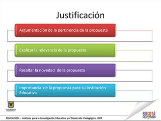 Justificación
Argumentación de la pertinencia de la propuesta



Explicar la relevancia de la propuesta



Resaltar la novedad de la propuesta


Importancia de la propuesta para su Institución
Educativa
 