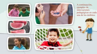 A continuación,
ejemplos de
innovaciones
pedagógicas en cada
una de los ámbitos:
 