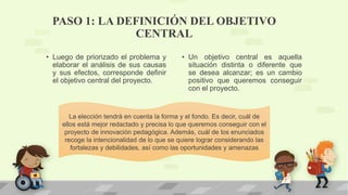 PASO 1: LA DEFINICIÓN DEL OBJETIVO
CENTRAL
• Luego de priorizado el problema y
elaborar el análisis de sus causas
y sus efectos, corresponde definir
el objetivo central del proyecto.
• Un objetivo central es aquella
situación distinta o diferente que
se desea alcanzar; es un cambio
positivo que queremos conseguir
con el proyecto.
La elección tendrá en cuenta la forma y el fondo. Es decir, cuál de
ellos está mejor redactado y precisa lo que queremos conseguir con el
proyecto de innovación pedagógica. Además, cuál de los enunciados
recoge la intencionalidad de lo que se quiere lograr considerando las
fortalezas y debilidades, así como las oportunidades y amenazas
 