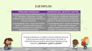 EJEMPLOS
PROBLEMA PRIORIZADO DEFINICIÓN DEL OBJETIVO CENTRAL
Estudiantes de 5°Grado de Primaria de la
I.E. “Progreso y Desarrollo” con baja
motivación para el aprendizaje del Área de
Ciencia y Ambiente.
Estudiantes de 5°Grado de Primaria de la
I.E. “Progreso y Desarrollo” desarrollan
capacidades y adquieren conocimientos
básicos en el Área de Ciencia y Ambiente.
Los estudiantes del 3° Grado de Primaria
de la I.E. “Andrés Avelino Cáceres”
muestran dificultades en la redacción de
diferentes tipos de textos.
Los estudiantes del 3° Grado de Primaria
de la I.E. “Andrés Avelino Cáceres”
redactan diferentes tipos de textos y los
socializan a través del periódico escolar.
Cuando redactemos un objetivo central, debemos tener en
cuenta que éste siempre indica acción; por tanto, al
redactarlo hay que mostrar situaciones logradas en tres
aspectos: ¿Quiénes?, ¿qué? y ¿cómo?
 