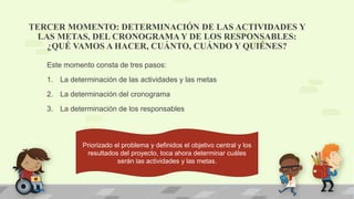 TERCER MOMENTO: DETERMINACIÓN DE LAS ACTIVIDADES Y
LAS METAS, DEL CRONOGRAMA Y DE LOS RESPONSABLES:
¿QUÉ VAMOS A HACER, CUÁNTO, CUÁNDO Y QUIÉNES?
Este momento consta de tres pasos:
1. La determinación de las actividades y las metas
2. La determinación del cronograma
3. La determinación de los responsables
Priorizado el problema y definidos el objetivo central y los
resultados del proyecto, toca ahora determinar cuáles
serán las actividades y las metas.
 