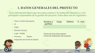 Es la información básica que sirve para conocer a la institución educativa y a los
principales responsables de la gestión del proyecto. Estos datos son los siguientes:
• Titulo o nombre del proyecto
• IE
• UGEL
• Dirección de la IE
• Lugar: Distrito:
• Provincia Región:
• Integrantes del Cómite de Gestión:
Nombres y
apellidos
Cargo Teléfono E - mail
1. DATOS GENERALES DEL PROYECTO
Fecha de inicio del proyecto:
Fecha de finalización del proyecto:
 